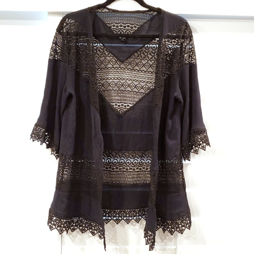 Black Lace Eyelet Open Jacket 3/4 Sleeve Size L